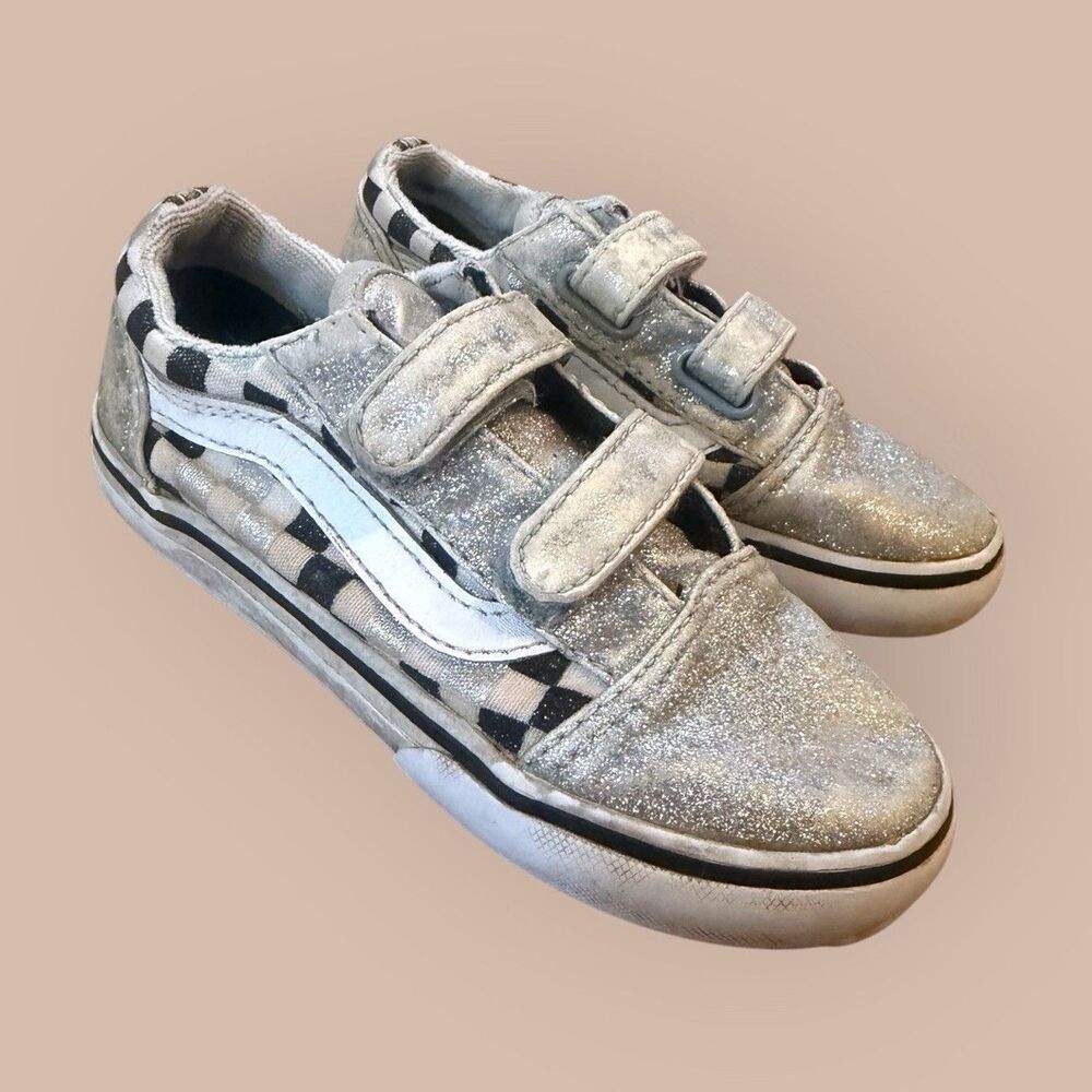 VANS Old Skool V Girls Kids Low Top Sneakers Glitter Check US 10